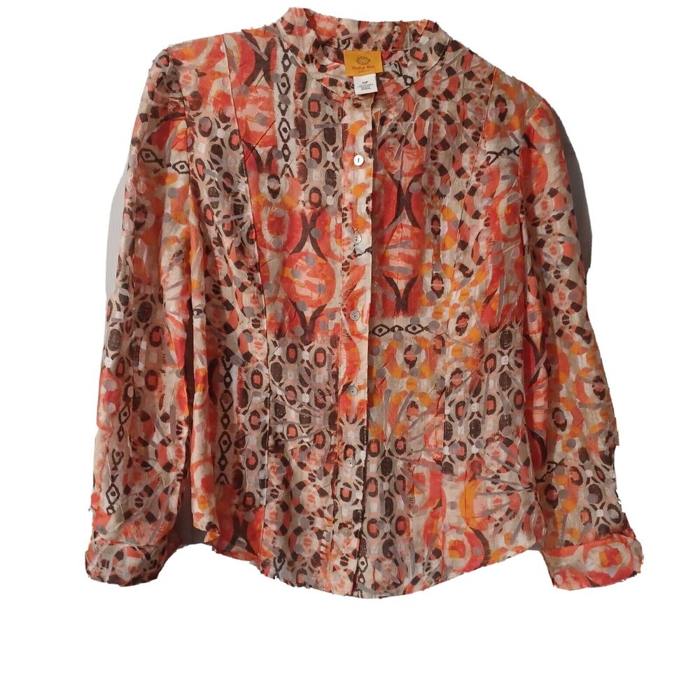 Ruby Rd. Women's Blouse Shirt Sheer Print Orange Fall Long Sleeve 12 Petite
